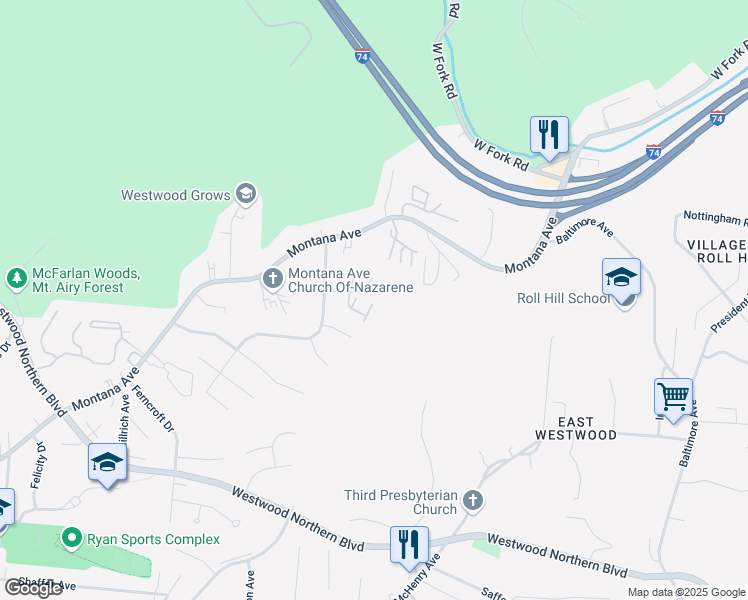 map of restaurants, bars, coffee shops, grocery stores, and more near 3924 Yearling Court in Cincinnati