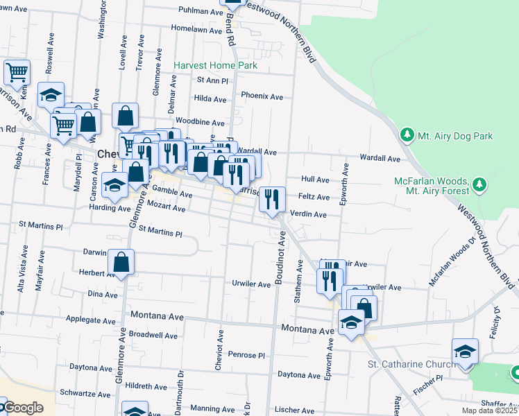 map of restaurants, bars, coffee shops, grocery stores, and more near 36 Higbee Street in Cincinnati