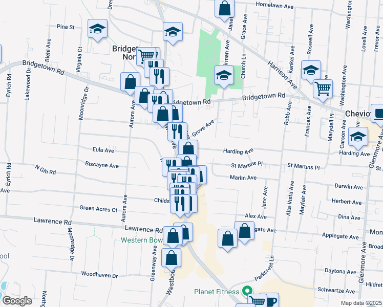 map of restaurants, bars, coffee shops, grocery stores, and more near 4445 Harding Avenue in Cincinnati