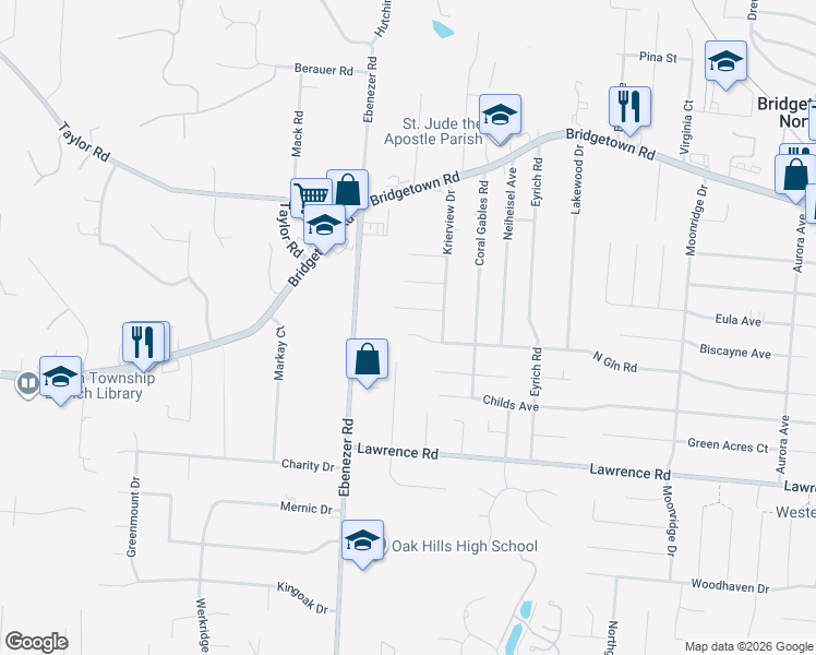 map of restaurants, bars, coffee shops, grocery stores, and more near 6050 Northglen Road in Cincinnati