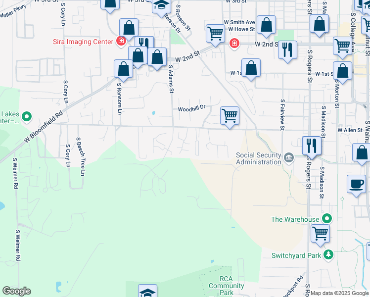 map of restaurants, bars, coffee shops, grocery stores, and more near 1469 West Allen Street in Bloomington