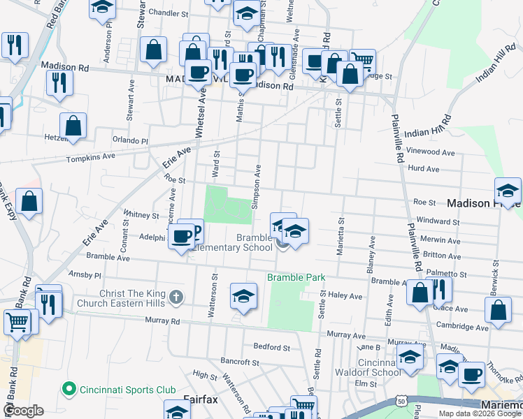 map of restaurants, bars, coffee shops, grocery stores, and more near 4446 Simpson Avenue in Cincinnati