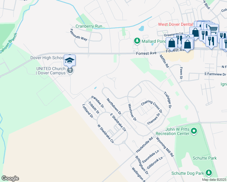 map of restaurants, bars, coffee shops, grocery stores, and more near 421 Northdown Drive in Dover