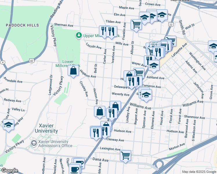 map of restaurants, bars, coffee shops, grocery stores, and more near 4119 Ivanhoe Avenue in Cincinnati