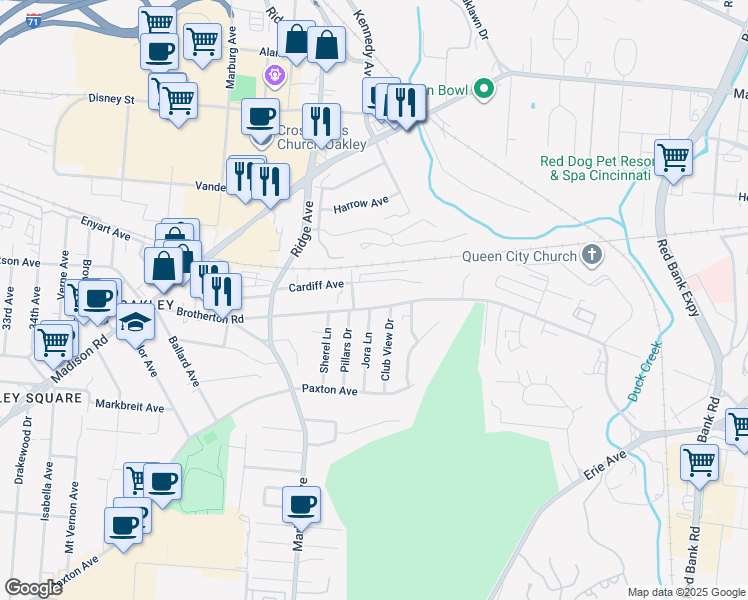 map of restaurants, bars, coffee shops, grocery stores, and more near 3518 Brotherton Road in Cincinnati