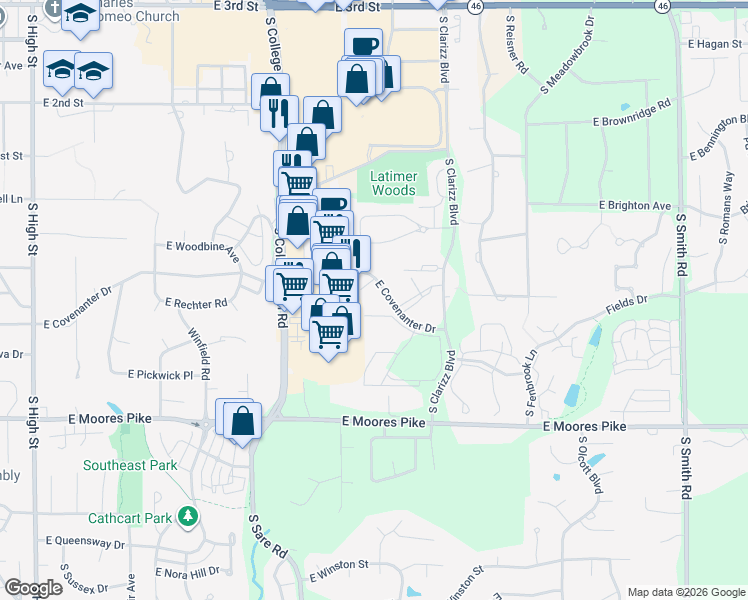 map of restaurants, bars, coffee shops, grocery stores, and more near 2920 East Covenanter Drive in Bloomington