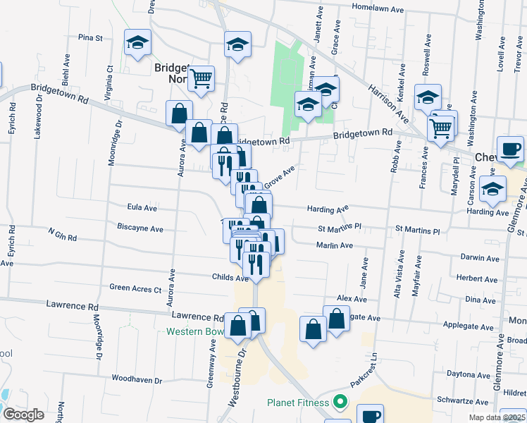 map of restaurants, bars, coffee shops, grocery stores, and more near 4445 Harding Avenue in Cincinnati