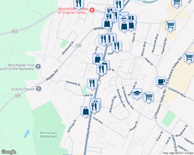 map of restaurants, bars, coffee shops, grocery stores, and more near 2641 Valley Avenue in Winchester