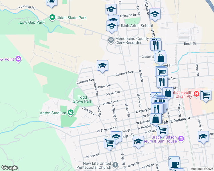 map of restaurants, bars, coffee shops, grocery stores, and more near Dora Avenue in Ukiah