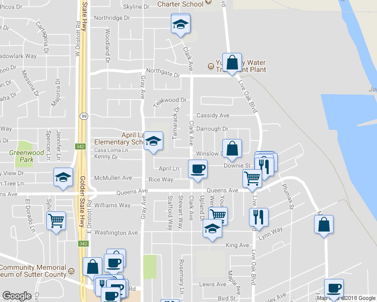 map of restaurants, bars, coffee shops, grocery stores, and more near 710 Aspen Drive in Yuba City