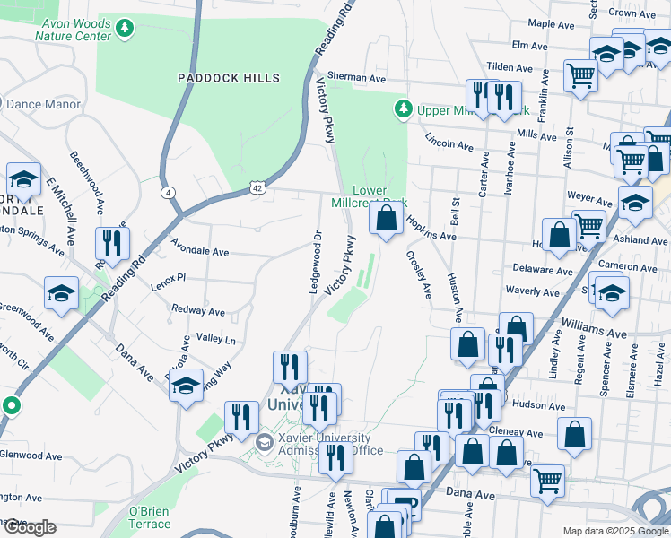 map of restaurants, bars, coffee shops, grocery stores, and more near 4049 Victory Parkway in Cincinnati