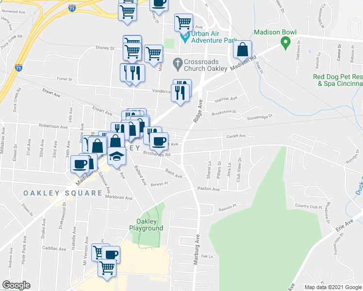 map of restaurants, bars, coffee shops, grocery stores, and more near 3349 Cardiff Avenue in Cincinnati