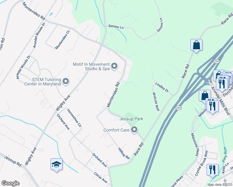 map of restaurants, bars, coffee shops, grocery stores, and more near 1874 Montevideo Road in Jessup