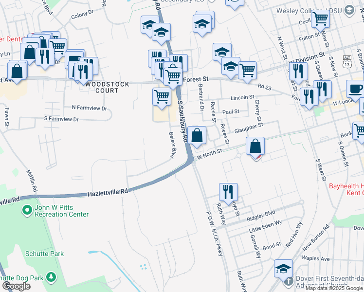 map of restaurants, bars, coffee shops, grocery stores, and more near 220 Beiser Boulevard in Dover