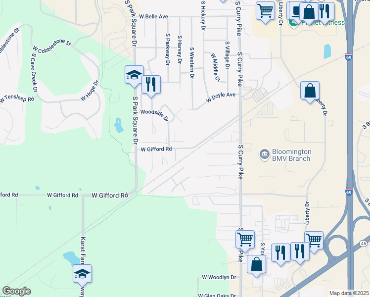 map of restaurants, bars, coffee shops, grocery stores, and more near 4206 West Gifford Road in Bloomington