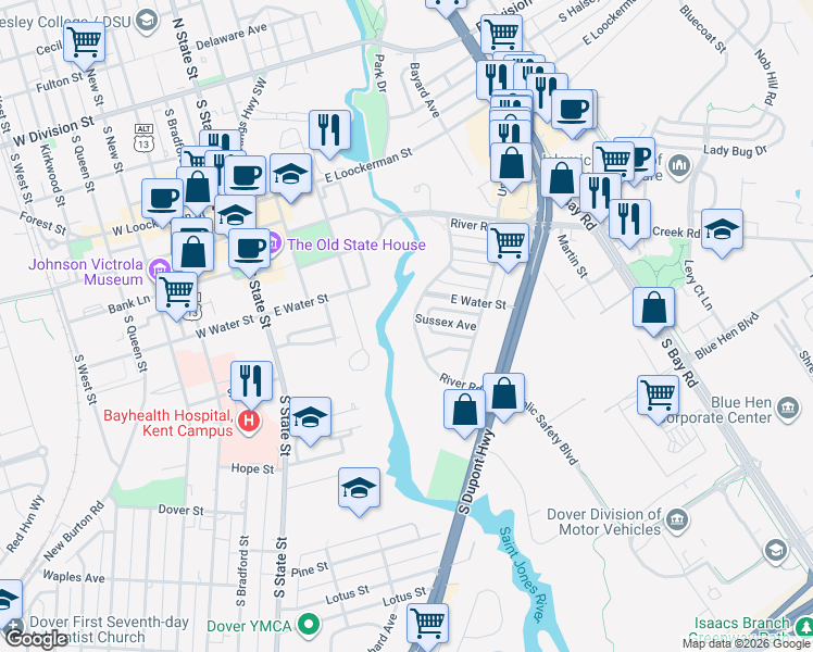map of restaurants, bars, coffee shops, grocery stores, and more near 600 River Road in Dover