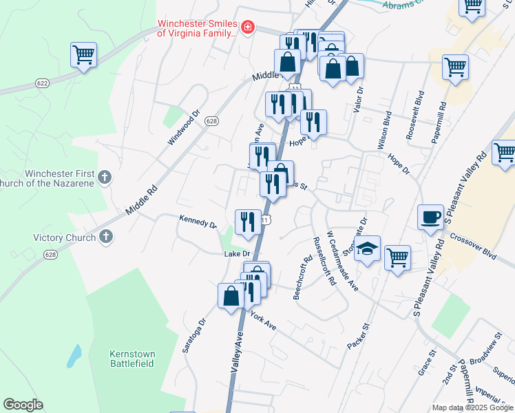 map of restaurants, bars, coffee shops, grocery stores, and more near 2641 Valley Avenue in Winchester