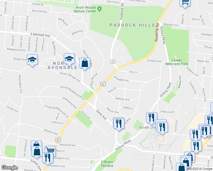 map of restaurants, bars, coffee shops, grocery stores, and more near 3870 Reading Road in Cincinnati