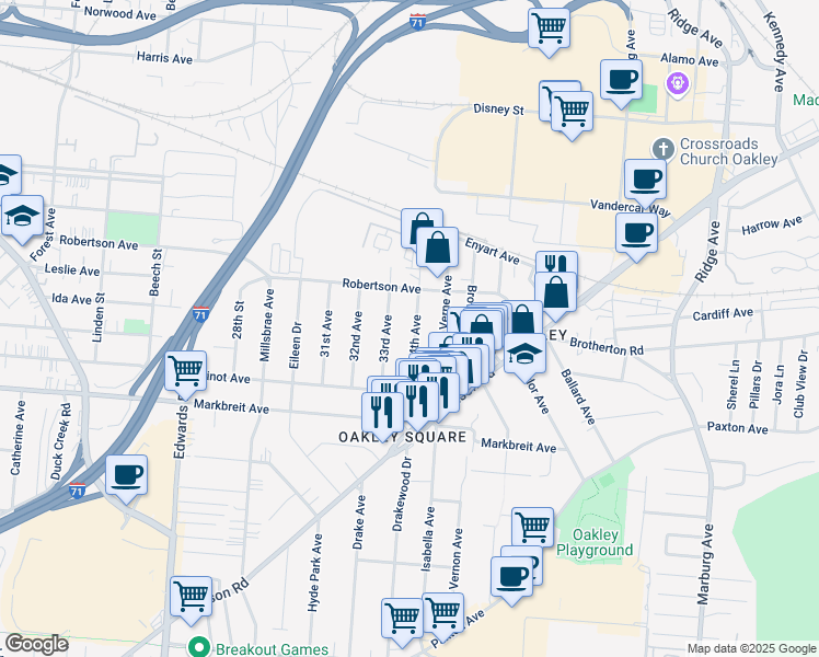 map of restaurants, bars, coffee shops, grocery stores, and more near 4221 34th Avenue in Cincinnati