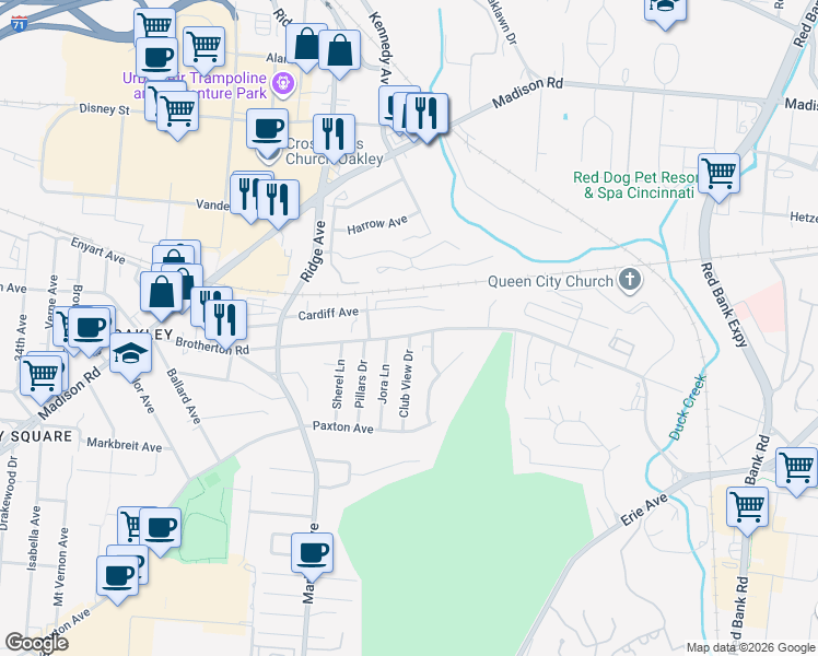map of restaurants, bars, coffee shops, grocery stores, and more near 3518 Brotherton Road in Cincinnati