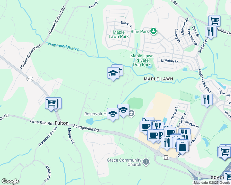 map of restaurants, bars, coffee shops, grocery stores, and more near 11650 Scaggsville Road in Fulton