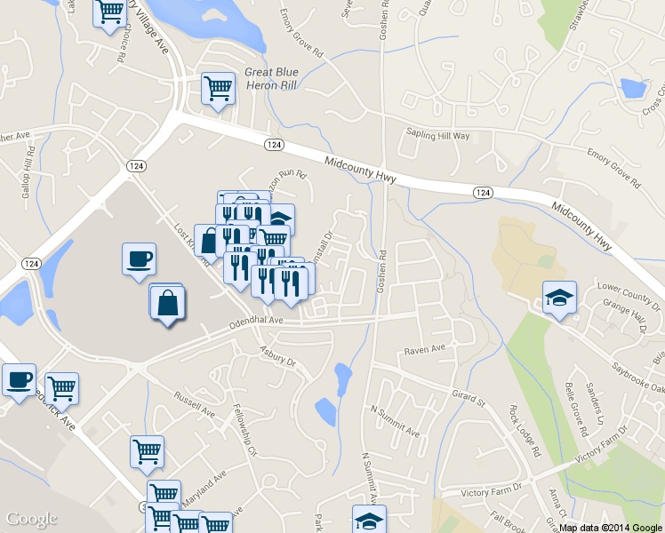 map of restaurants, bars, coffee shops, grocery stores, and more near 9501 Tunstall Place in Montgomery Village