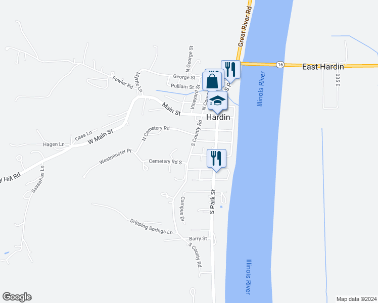 map of restaurants, bars, coffee shops, grocery stores, and more near 310 South County Road in Hardin
