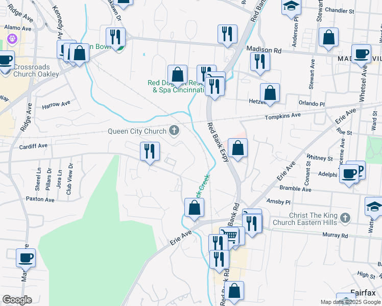 map of restaurants, bars, coffee shops, grocery stores, and more near 4170 Rosslyn Drive in Cincinnati