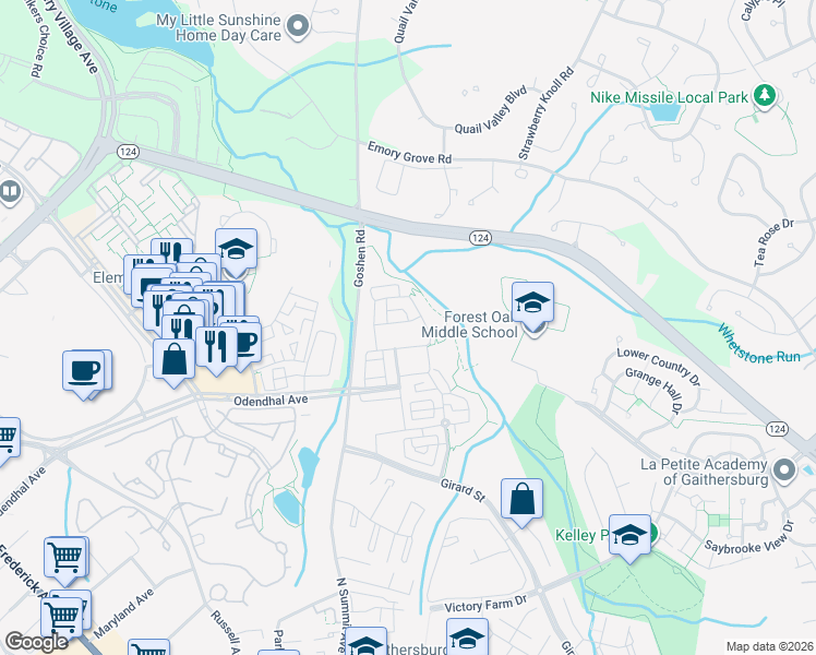 map of restaurants, bars, coffee shops, grocery stores, and more near 631 Kingfisher Avenue in Gaithersburg