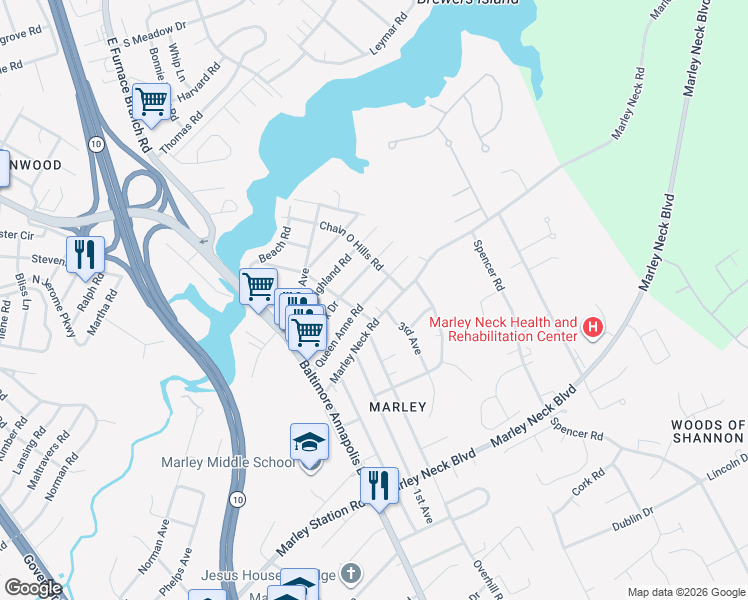 map of restaurants, bars, coffee shops, grocery stores, and more near 104 Queen Anne Road in Glen Burnie
