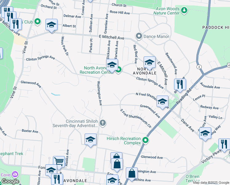 map of restaurants, bars, coffee shops, grocery stores, and more near 3832 Edge Hill Place in Cincinnati