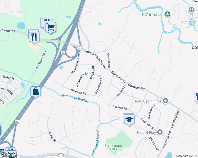 map of restaurants, bars, coffee shops, grocery stores, and more near 10725 East Crestview Lane in Laurel