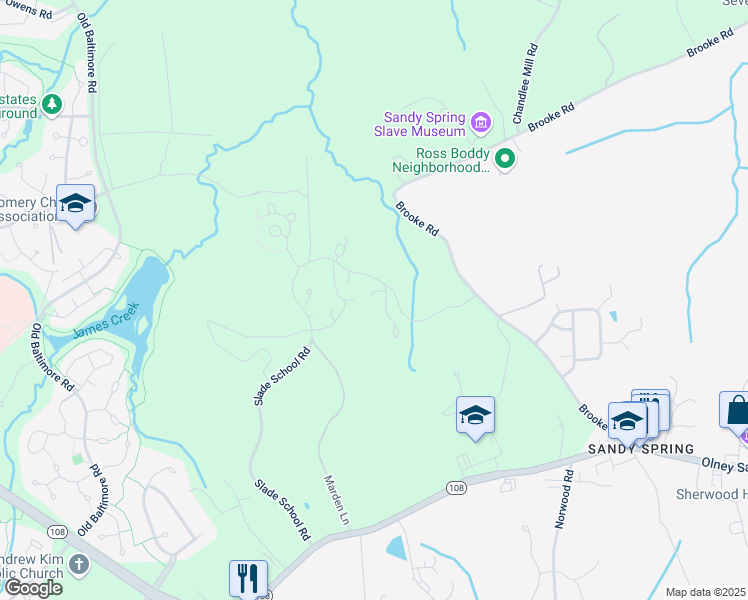 map of restaurants, bars, coffee shops, grocery stores, and more near 1616 Hickory Knoll Road in Olney