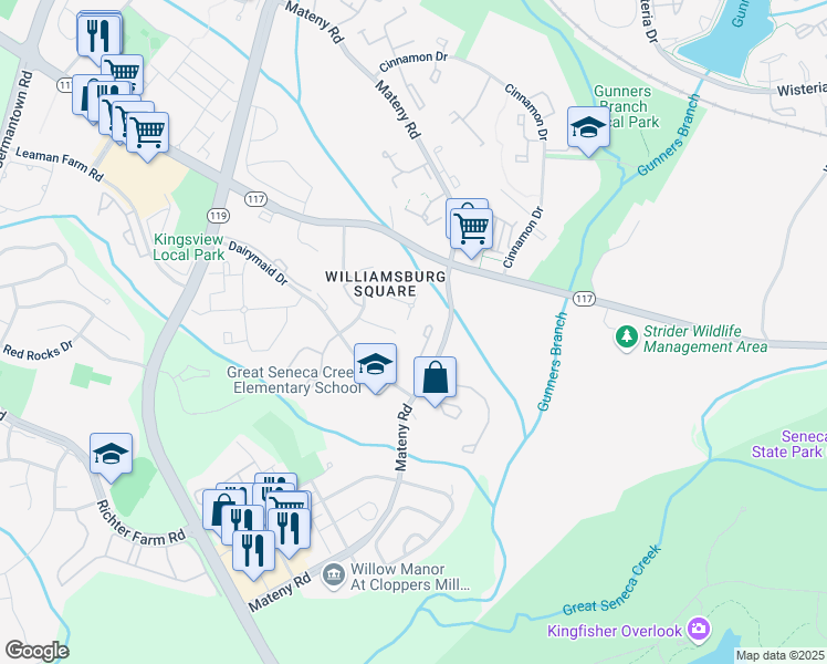 map of restaurants, bars, coffee shops, grocery stores, and more near 18260 Smoke House Ct in Germantown