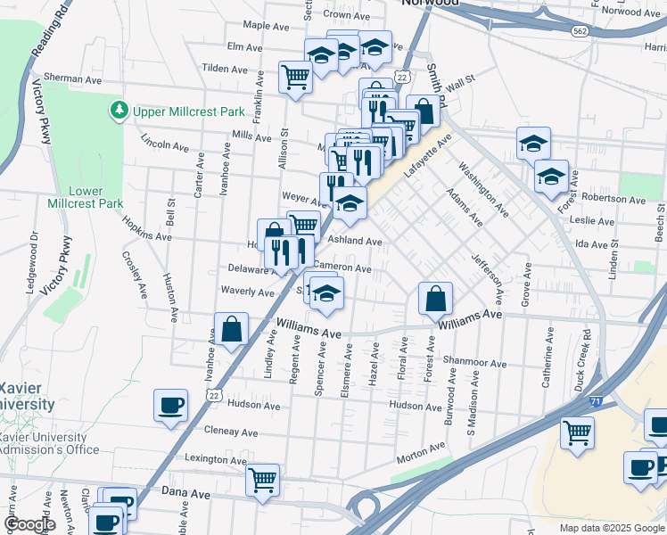 map of restaurants, bars, coffee shops, grocery stores, and more near 2131 Cameron Ave in Cincinnati