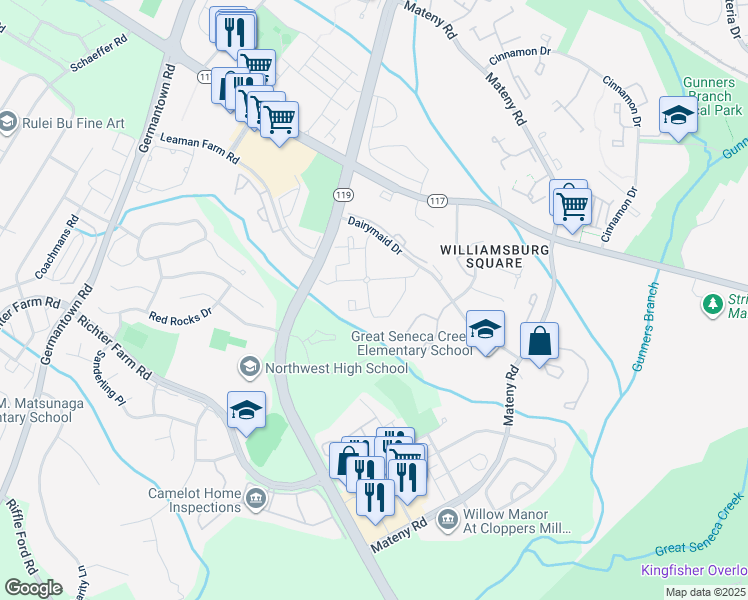map of restaurants, bars, coffee shops, grocery stores, and more near 18131 Chalet Drive in Germantown