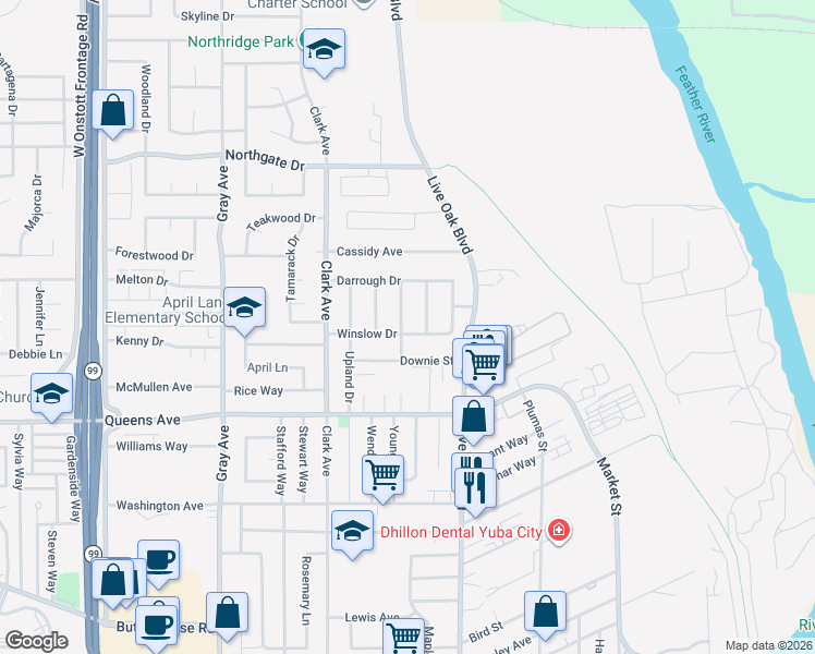 map of restaurants, bars, coffee shops, grocery stores, and more near 567 Winslow Drive in Yuba City