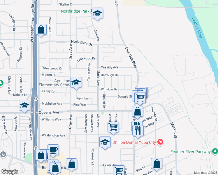map of restaurants, bars, coffee shops, grocery stores, and more near 639 Winslow Drive in Yuba City
