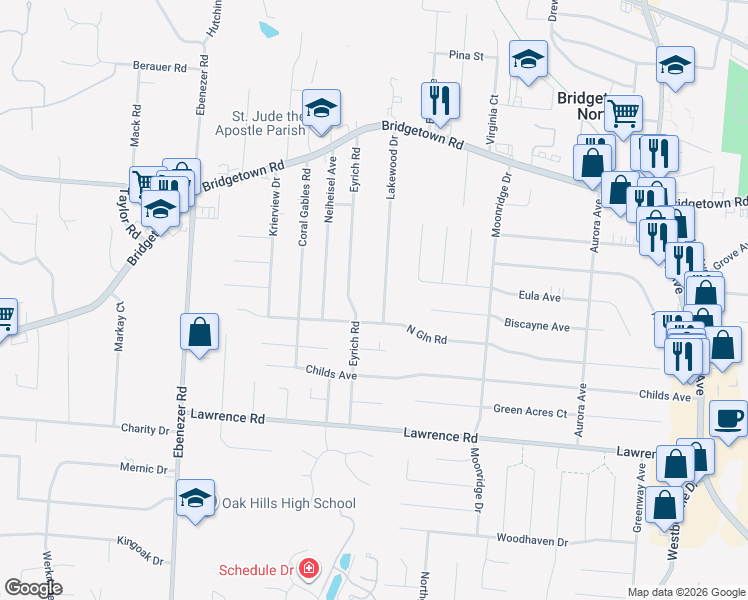map of restaurants, bars, coffee shops, grocery stores, and more near 3571 Lakewood Drive in Cincinnati