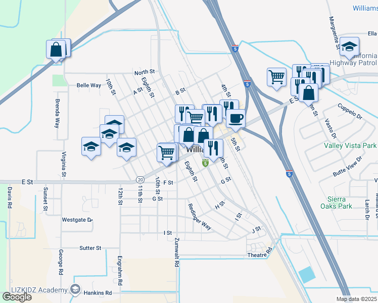 map of restaurants, bars, coffee shops, grocery stores, and more near 752 E Street in Williams