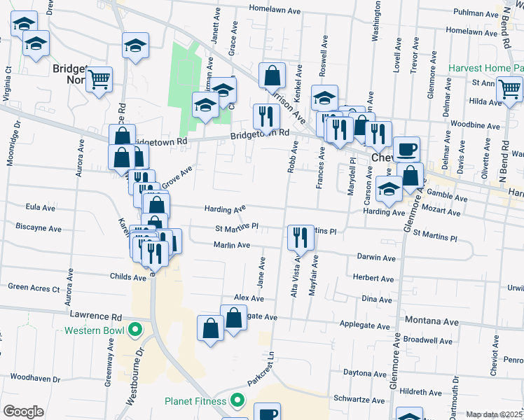 map of restaurants, bars, coffee shops, grocery stores, and more near 4209 Harding Ave in Cheviot