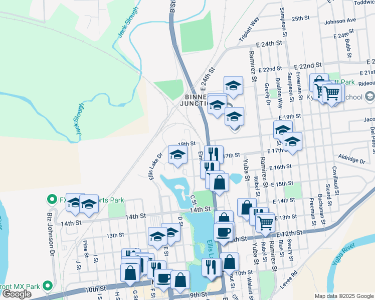 map of restaurants, bars, coffee shops, grocery stores, and more near 1720 C Street in Marysville