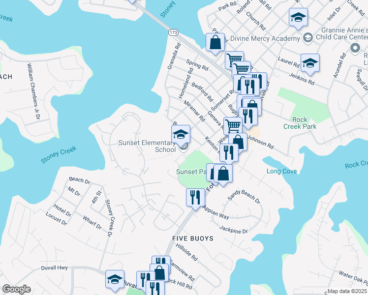map of restaurants, bars, coffee shops, grocery stores, and more near 8572 Fort Smallwood Road in Pasadena