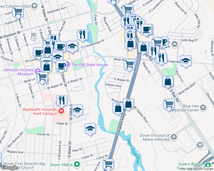 map of restaurants, bars, coffee shops, grocery stores, and more near 600 River Road in Dover