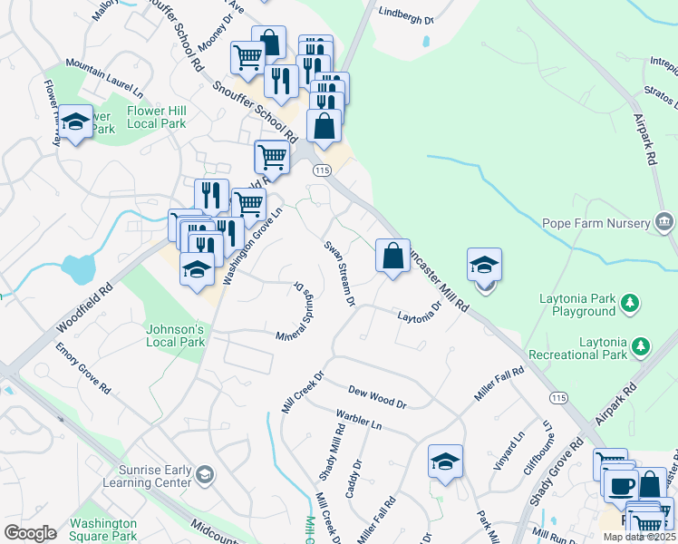 map of restaurants, bars, coffee shops, grocery stores, and more near 18220 Swan Stream Drive in Gaithersburg
