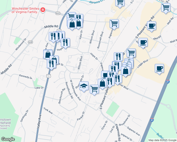 map of restaurants, bars, coffee shops, grocery stores, and more near 2531 Bradford Court in Winchester