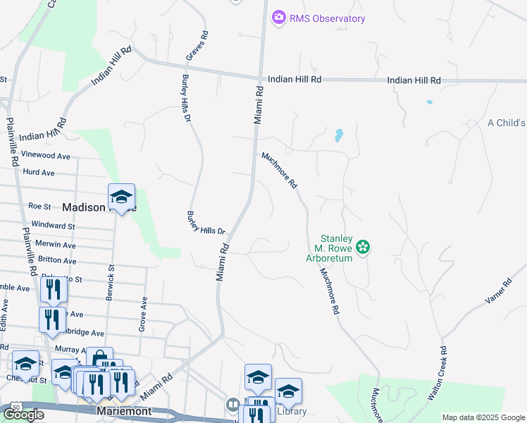 map of restaurants, bars, coffee shops, grocery stores, and more near 4735 Hilltop Lane in Cincinnati