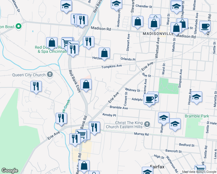 map of restaurants, bars, coffee shops, grocery stores, and more near 5630 Macey Avenue in Cincinnati