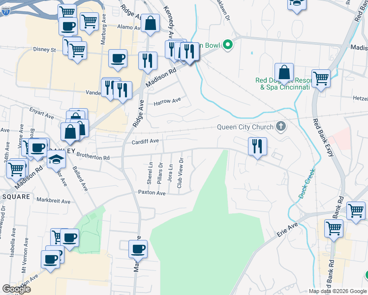 map of restaurants, bars, coffee shops, grocery stores, and more near 3546 Brotherton Road in Cincinnati