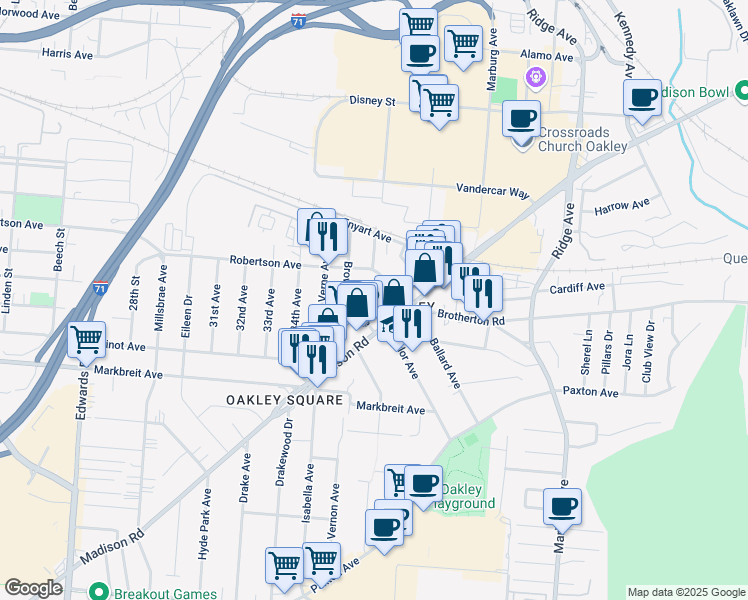 map of restaurants, bars, coffee shops, grocery stores, and more near 4213 Appleton Street in Cincinnati